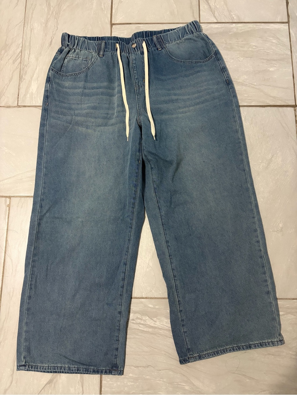 SHEIN Relaxed Wide Leg Denim Jeans in Blue with Drawstring